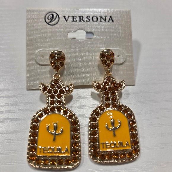 VERSONA Tequila Bottle Dangle Earrings, Rhinestone Studs, Gold Tone, Fun! - Picture 1 of 1